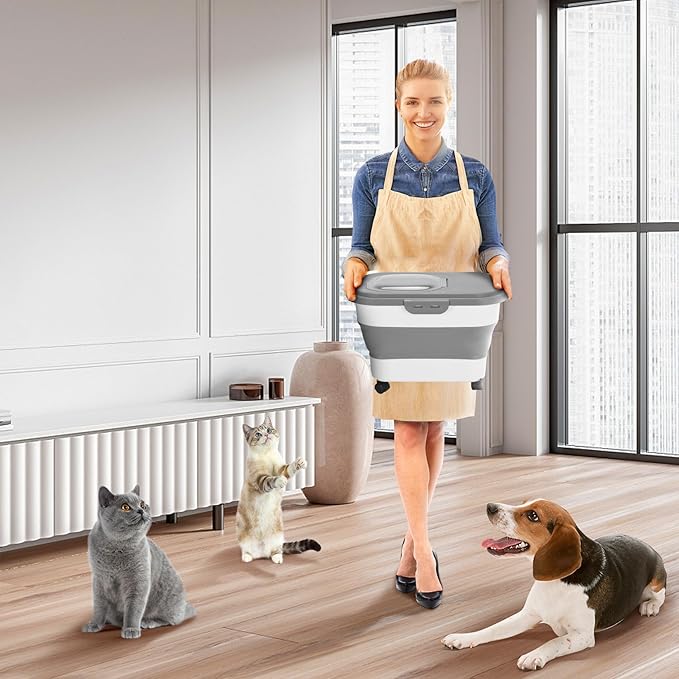 Dog Food Storage Container 17 lb, Airtight Pet Food Storage Containers with Wheels & Removable Sealed Lid, Collapsible Cat Food Containers Dry Food with Scoop and Measuring Cups