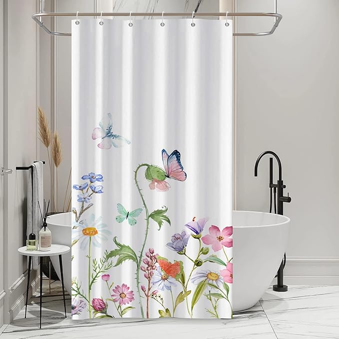 AWERT Small Half Size Stall Shower Curtain with 6 Hooks 36 inch Shower Stall Curtain 36 x 72 Butterfly Wildflowers for Bathroom/RV and Camper (Butterfly)