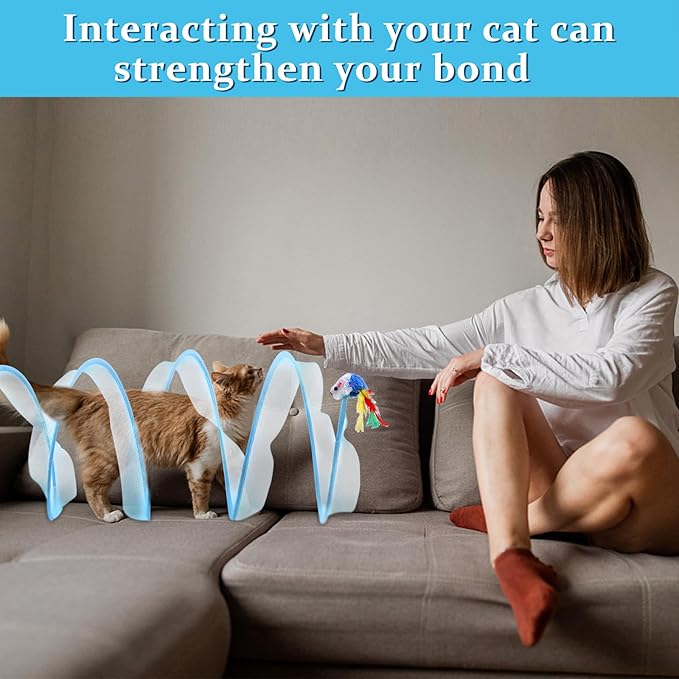 2 Pcs Folded Cat Tube Tunnel Interactive Spring Cat Tunnel Toy for Indoor Cats Exercise, Cat Tunnel Bed for Kitten, Cat Donut Tunnel Whisker Twister with Feather Mouse Toys, Blue & Green