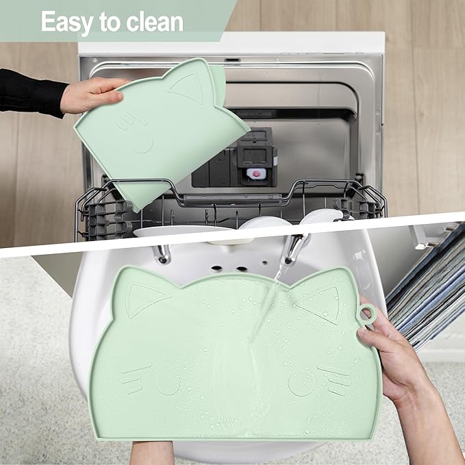 Coomazy Cat Water Fountain Mats for Floor, Waterproof Non-Slip Silicone Dog Food Mat with Raised Edge to Prevent Food Spills and Water Runoff (Cyan, Medium)