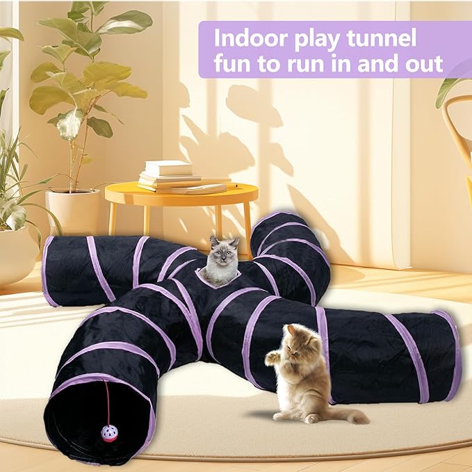 EGETOTA Cat Tunnel for Indoor Cats Large, with Play Ball S-Shape 4 Way Collapsible Interactive Peek Hole Pet Tube Toys, Puppy, Kitty, Kitten, Rabbit (S4 - Black & Pink)