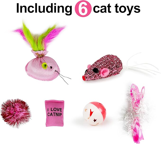 Cat Toys Kitten Toys Set, Cat Scratching pad with Catnip,Cat Wand Toy,Interactive Kitty Toys Cat Feather Toy Catnip Toy Fluffy Mouse Crinkle Balls for Cat Kitty Kitten (Pink)…