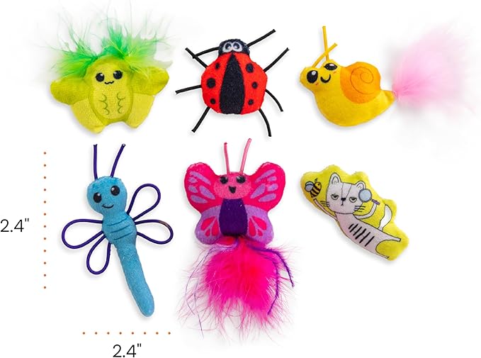 Catstages Cute As A Bug Plush Interactive Cat Toys, Bug Themed Kicker Catnip Toys with Feathers, Crinkle, Mesh, 6pk, Small, Multicolored