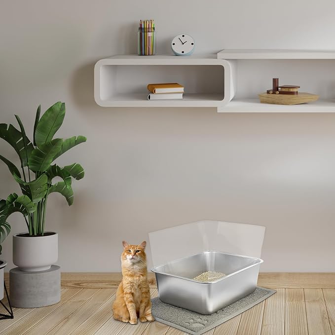 2 Sets Stainless Steel Litter Box, Metal Litter Box 17.7"x13.8"x5.9", Cat Litter Box with Plastic Shield High Sides, Cat Litter Scoops, Cat Litter Mats for Multiple Cats, Sturdy and Easy to Clean