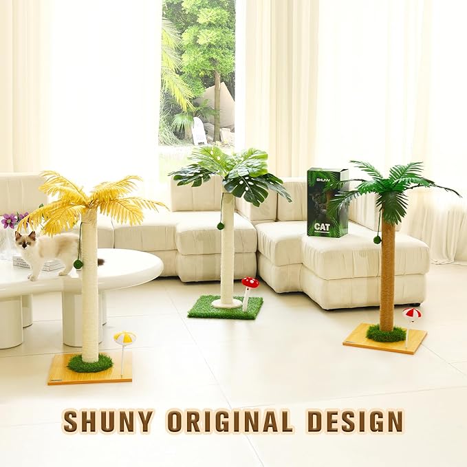 SHUNY Cat Scratching Post,35 Inch Tall Cat Scratching Posts for Indoor Cats,Nature Sisal Cat Scratcher Post with Hanghing Ball,Palm Tree Cat Scratch Post for Indoor Adult Cats and Kittens