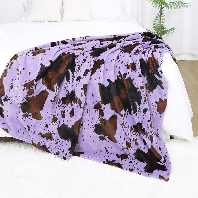 Fleece Throw Blanket - Purple Cow Print, Soft Cozy Lightweight for Couch, 40x50 Inch