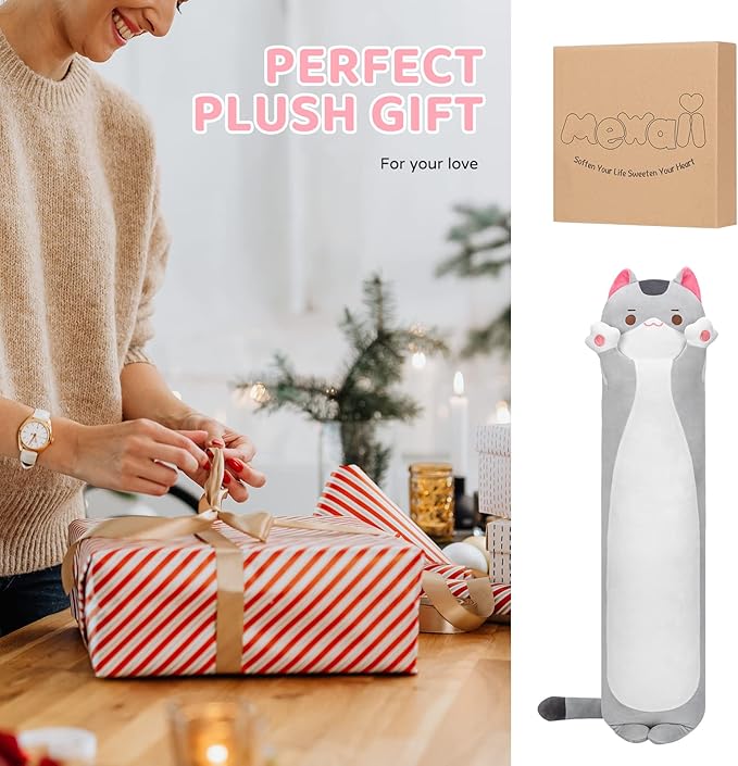 Long Cat Plush Kids Body Pillow, 36 Inch Cute Gray Cat Stuffed Animals Soft Plushies, Kitten Kawaii Plush Throw Pillow Doll Toy Gift for Girlfriend