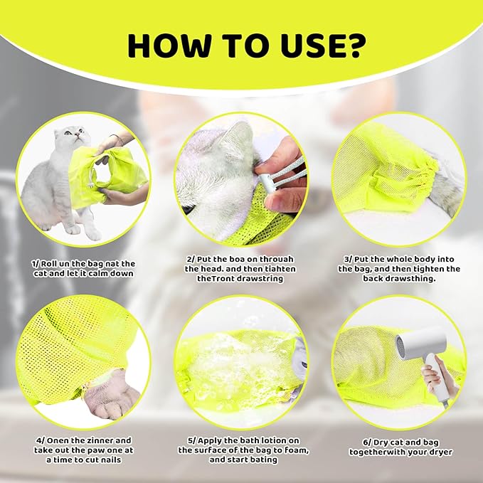 Cat Bathing Bag Anti Scratch and Bite, Cat Shower Bag Soft Mesh Net Bag for Small/Medium/Large Cats Restraint Grooming Nail Trimming Washing - Yellow