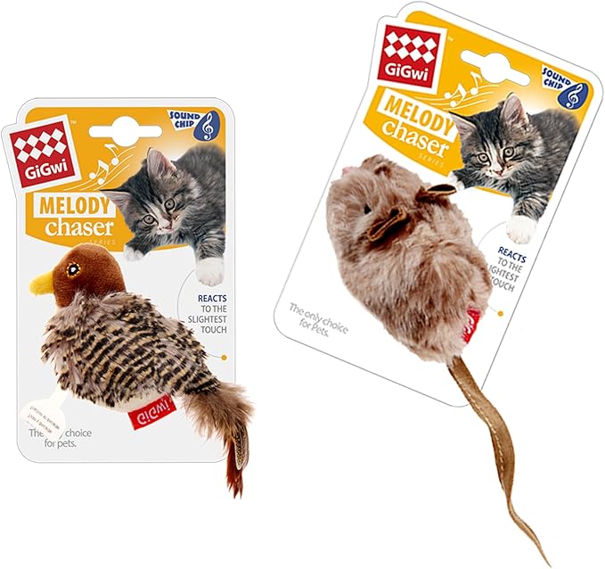 Gigwi Automatic Cat Toys Pack, Interactive Cat Toys Electronic Squeaky Animals Bird and Mouse, Plush Toys for Cats to Play Alone, Play and Squeak Cat Toys for Indoor Cats Boredom, 2 Pcs