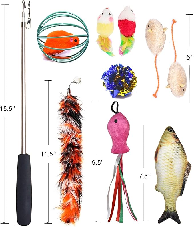 Cat Toys Set, Cat Retractable Teaser Wand, Catnip Fish, Interactive Cat Feather Toy, Mylar Crincle Balls, Two Cotton Mice, Four Fluffy Mouse