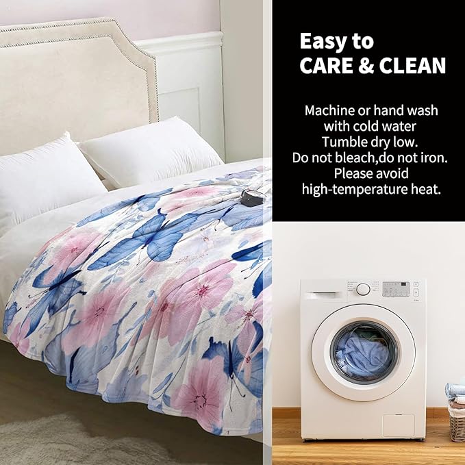 Butterfly Blanket Gifts for Women Mom Girls Wife Birthday Christmas Valentines Presents Blue Butterflies Floral Flower Theme Decor Bedroom Living Room Couch Sofa Kids Adults Soft Flannel Throw 60"x50"