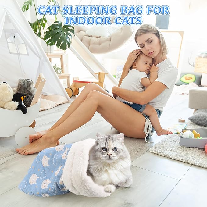 Cat Sleeping Bag for Indoor Cats, Cat Sleeping Bag for Indoor Cats Large Adult, Cat Sleeping Bag Large, Cozy Cat Winter Cat Sleeping Bag, 360° Warm Semi Enclosed Soft Plush Large Cat Sack Cute (Blue)