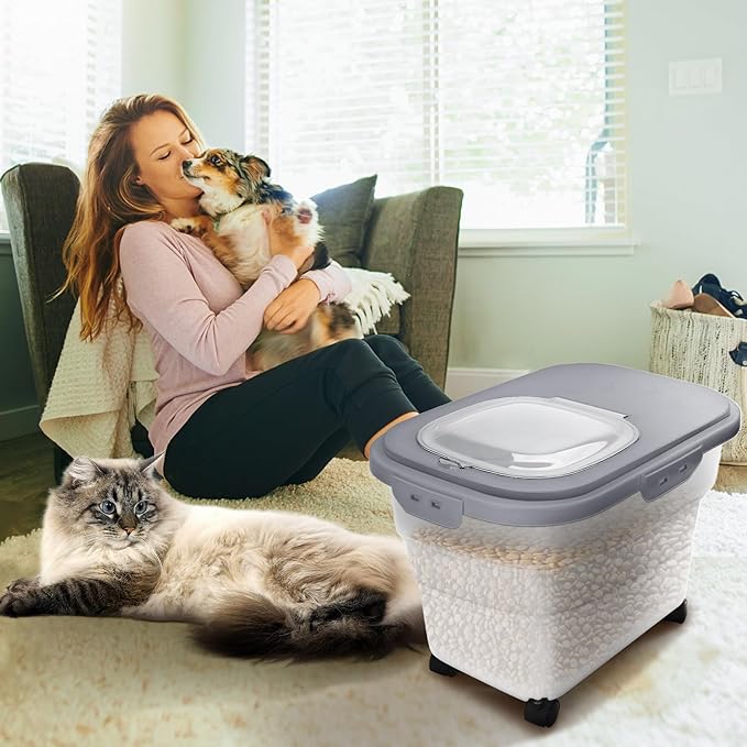 Pet Food Container, Collapsible Dog Food Storage Container with Detachable Casters & Airtight Lid for Keeping Dry Kibbles, With Dog Food Scoop and Measuaring Cups