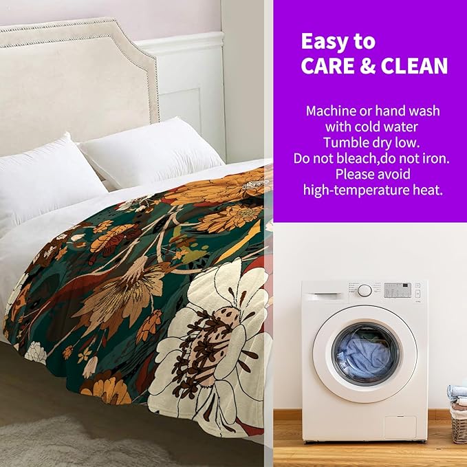 Boho Colorful Floral Blanket Gifts for Women Girls Mom Wife Birthday Christmas Valentine Present Bohemian Flower Theme Rustic Decor Bedroom Living Room Couch Sofa Kids Adult Soft Flannel Throw 60"x50"