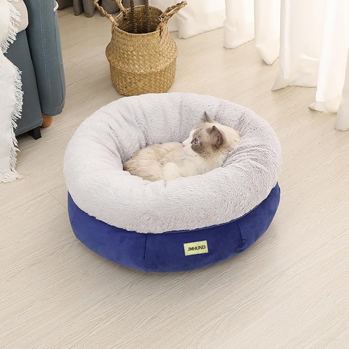 Cat Bed for Indoor Cats,Round Cat Bed for Small Pets,Washable Pet Bed with Non-Skid Bottom,Pet Bed for Puppy and Kitty,19 Inches,Navy