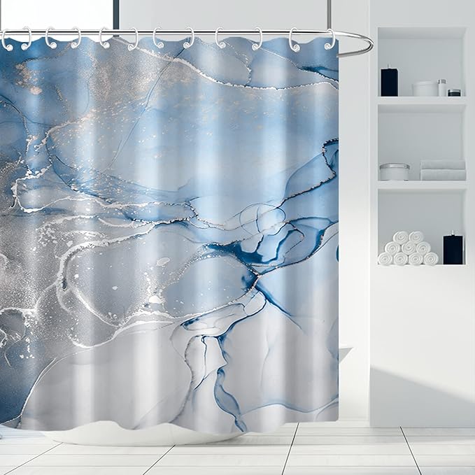 AWERT Blue Marble Shower Curtain for Bathroom Modern Blue White Marble Ink Shower Curtain with Hooks Washable Bathroom Accessories Bathtub Decor 72x78inch