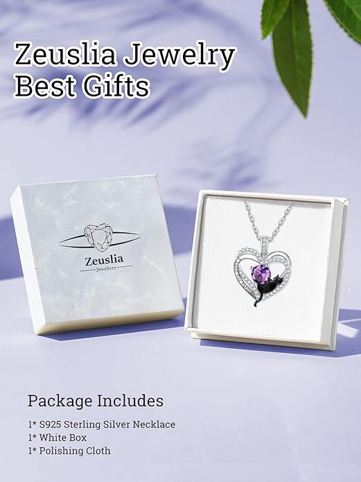 Birthstone Cat Necklaces,925 Sterling Silver Cat Necklace Heart Pendant for Women,Dainty Animal Jewelry for Her,Wedding Anniversary Birthday Gifts for Women Mom Grandma
