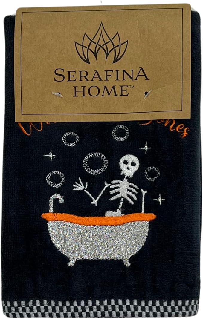 Halloween Bathroom Hand Towels, Embroidered Skeleton, Wash Your Bones Design, Set of 2, Black 16 x 25 inches