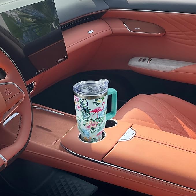 40 oz Tumbler with Handle and Straw, Stainless Steel Insulated Cup with Leak Proof Lid and Straw Lid, Keep Drinks Cold and Hot for Hours(Flamingo)