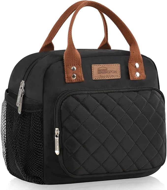 Buringer HOMESPON Lunch Bag for Woman Man Adults with Front Pocket Insulated Lunch Tote Lunch Box Container for Work Picnic or Travel (Black with Side Pockets)