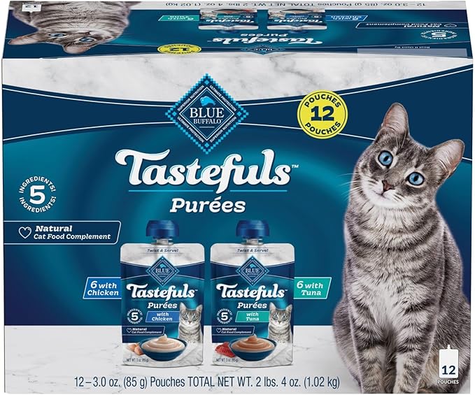 Blue Buffalo Tastefuls Purées Variety Pack, Natural Cat Food Complement, Resealable Twist Cap Pouches, Chicken and Tuna, 3-oz (12 Count, 6 of Each Flavor)