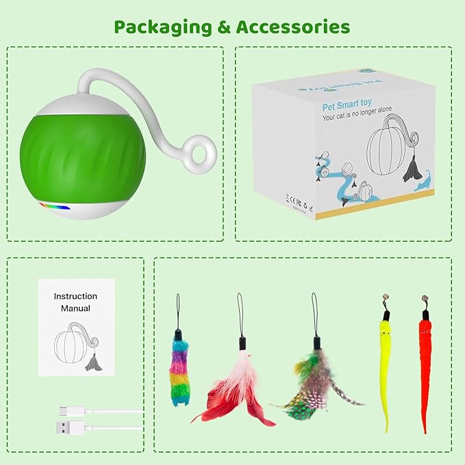 Interactive Cat Toys for Indoor Cats, DIY 5 in 1 Automatic Moving Cat Ball Toys/Puppies Toys with LED Rainbow Lights, Smart Sounds&Touch Control Cat Toys,USB Rechargeable Green
