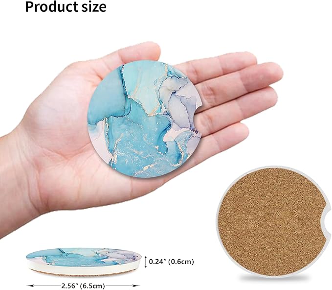 Absorbent Car Coasters 2 Pack for Cup Holders Set for Women/Men, 2.56" Ceramic Stone & Non-Scratch Cork Base Drink Coasters Golden Blue Marble.