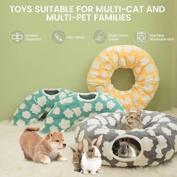 Cat Tunnel Bed for Indoor Cats,Soft Plush Peekaboo Cat Donut Tunnel with Washable Circle Cushion, Round Pet Play Tunnel Toy for Kitten Puppy Rabbit Ferret Green