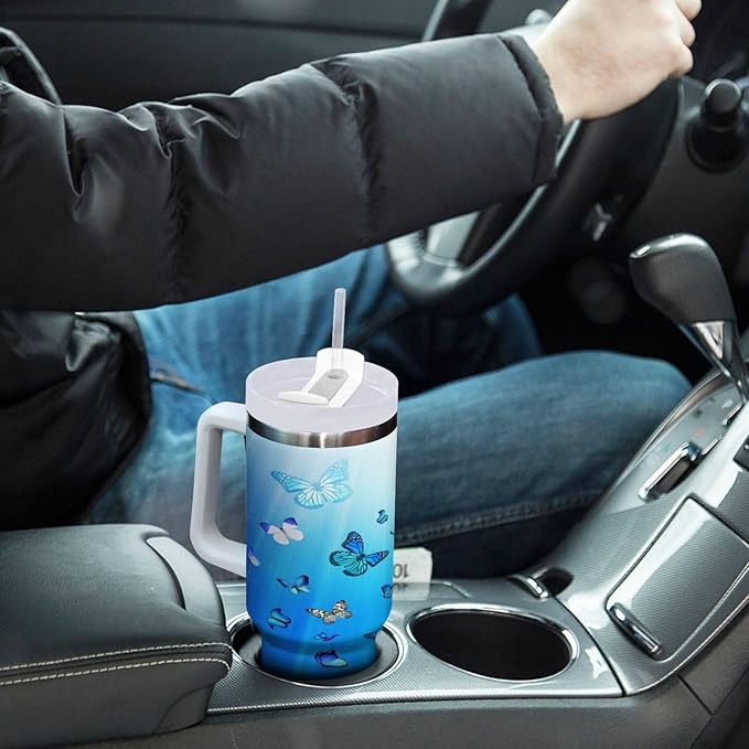 Boccsty Butterflies Blue Animal Insulated Tumblers Reusable Stainless Steel Tumbler 30 oz Cup Coffee Travel Mug Water Bottle with Handle & Flip Straw for Home Office Car