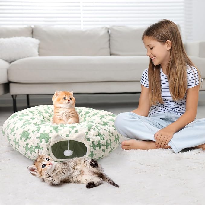 Cat Tunnel Bed for Indoor Cats, Soft Cat Donut Tunnel with Washable Circle Cushion, Multifunctional Cat Playground Toys with 2 Entryways,Round Pet Play Tunnel for Kitten/Rabbit/Puppy,Green
