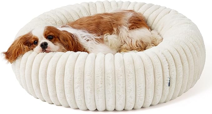 Bedsure Donut Medium Dog Bed - Washable Faux Fur Dog Bed Medium Size Dog with Corduroy Fleece & Anti Slip Bottom, Round Pet Beds with Removable Cover, Cream, 30x30x8 inches