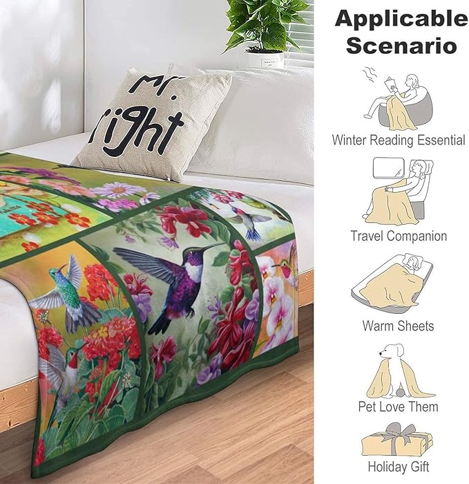 Green Hummingbirds Print Blanket Country Birds Floral Throw Blankets Gifts Couch Sofa Bed Stuff Decor Lightweight Soft Cozy Fleece Plush Flannel Bedding for Lover Men Women Boys Girls Adults 50"x60"