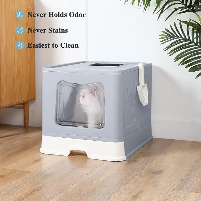 Bolux Foldable Cat Litter Box with Lid, Extra Large Litter Box with Cat Litter Scoop, Drawer Type Cat Litter Pan Easy to Scoop & Low Tracking (Grey XL)