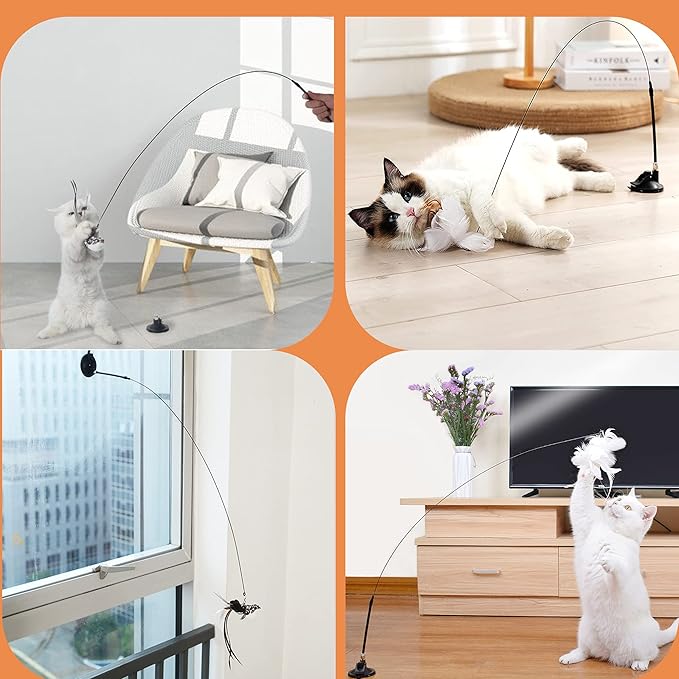 Cat Toys Interactive Cat Feather Wand , Powerful Suction Cup, 4Pcs Natural Feathers and1 Cat Wand Toy , for Indoor Kitty Old Cat Exercise