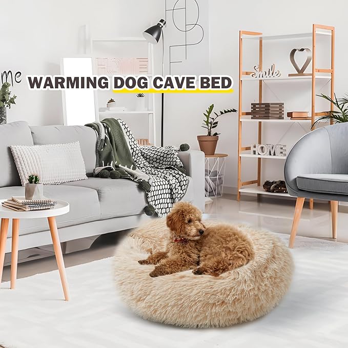 Cat Bed Calming Cat Beds,Indoor Washable Cat Bed,Anti-Slip Faux Fur Fluffy Cuddler Anxiety Cat Bed,Warming Cuddler Cushion Bed for Small Medium Dogs and Cats (Apricot Color, 24 * 24inch)
