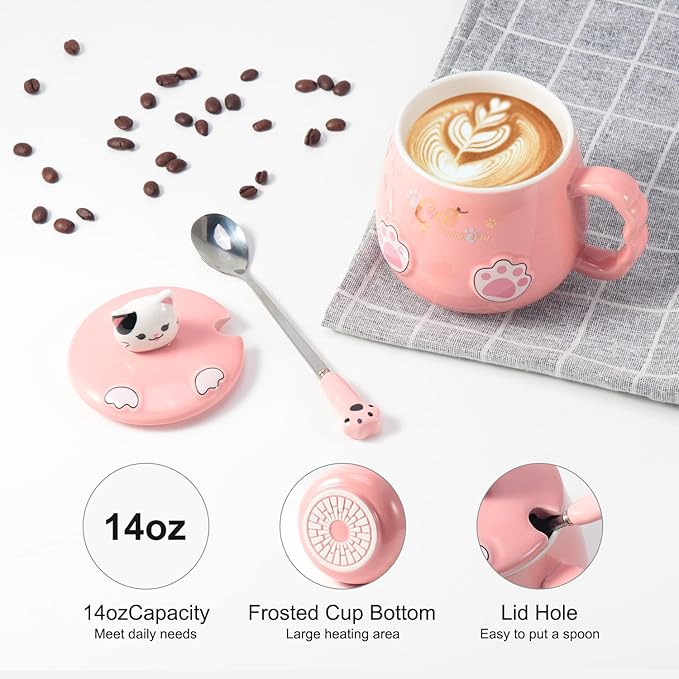 Bgbg Cute Cat Mug, Kawaii Anime Cat Coaster, 14 oz, Pink