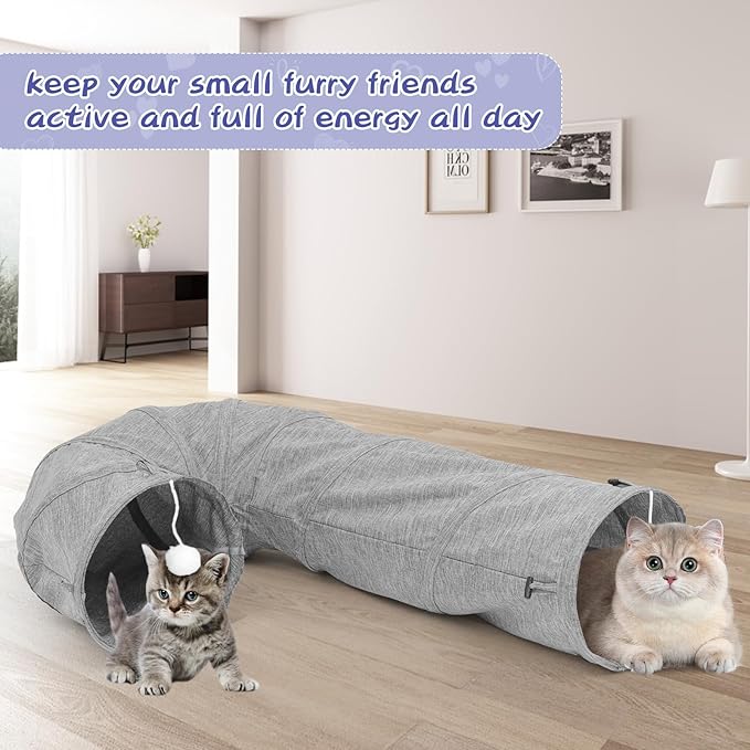 Cat Tunnel, Collapsible Bent Cat Tunnel Sturdy Oxford Fabric for Indoor Cats,Interactive Hanging Ball Pet Tunnel Tube with Cat Teaser Stick (Grey)