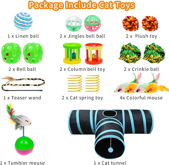 Malier Cat Toys Kitten Toys Set, Collapsible Cat Tunnels for Indoor Cats, Interactive Kitty Toys Cat Feather Toy Fluffy Mouse Crinkle Balls Cat 3 Way Tube Tunnel Toys for Cat Puppy Kitty Kitten
