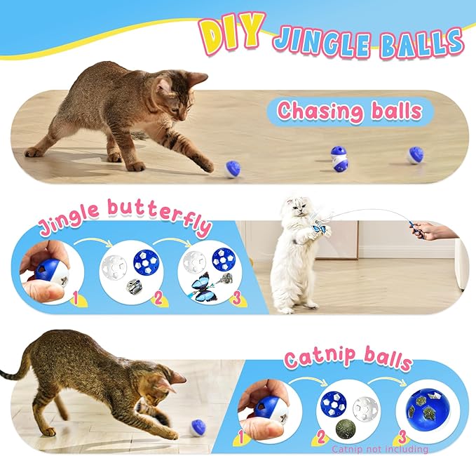 Cat Toys 4 in 1 Automatic Interactive Kitten Toy, Fluttering Butterfly, Moving Feathers, Bell Balls, USB Powered, Cat Exercise Toy Self Play for Bored Indoor Adult Cats