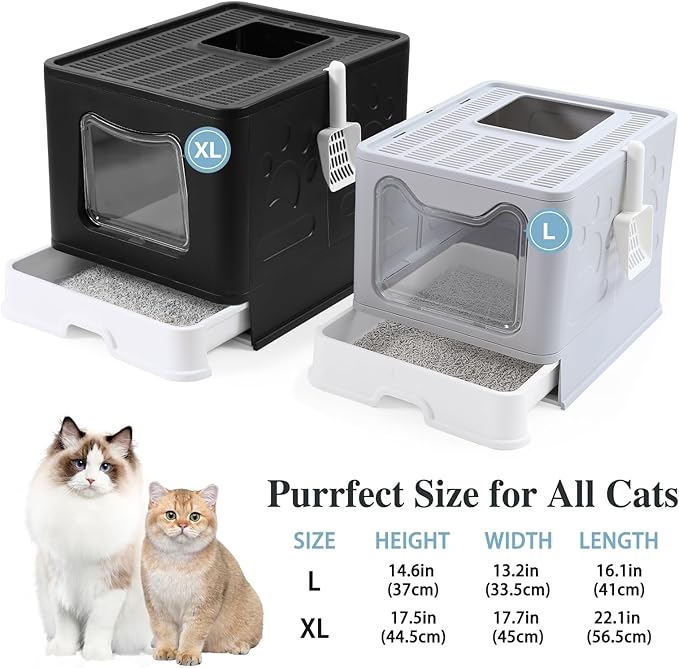 Bolux Foldable Cat Litter Box with Lid, Extra Large Litter Box with Cat Litter Scoop, Drawer Type Cat Litter Pan Easy to Scoop & Low Tracking (Black XL)