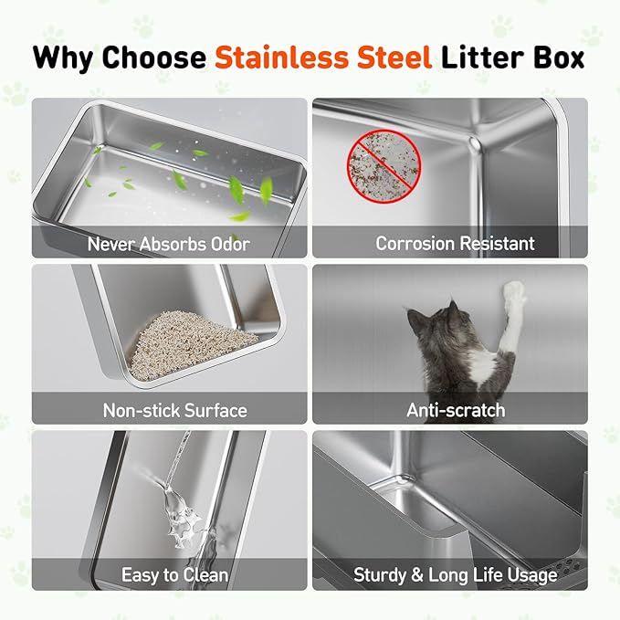 3 in 1 Premium Stainless Steel Cat Litter Box with Removable Lid, Enclosed XL Extra Large High-Sided Metal Box for Big Kitty with Scoop, Top Entry, Odor Control, Anti-Leakage, Non-Sticky & Easy Clean