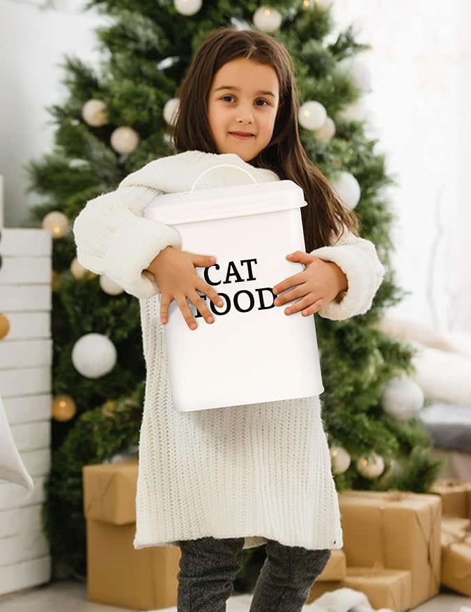 2 Packs Cat Food Storage Containers, Metal Cat Food and Treats Containers With Lid & Scoop, Farmhouse Pet Food Storage Containers, Cream