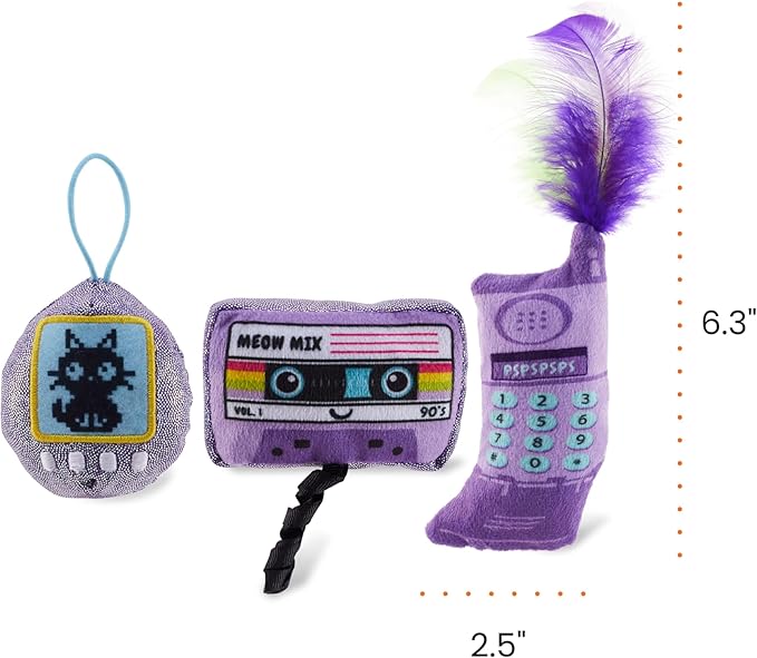 Catstages So Meowsome 90s Themed Plush Catnip Blend Cat Toys, 3Pk, Multicolored