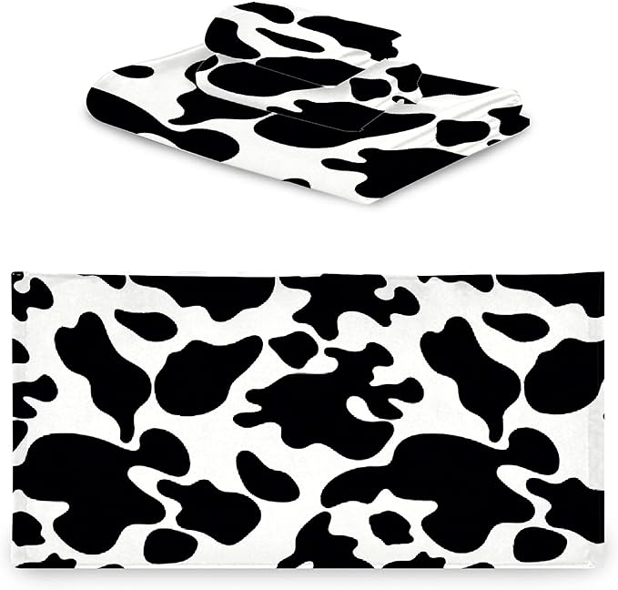 Cow 3 Piece Towel Bathroom Sets, 1 Bath Towel, 1 Washcloth, 1 Hand Towel, Cotton Fast Dry Soft Absorbent Towel Set for Home Kitchen Family
