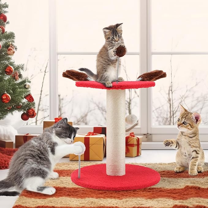 EMUST Christmas Cat Scratching Post for Indoor Cats, Natural Sisal Christmas Tree Scratching Post with Plush Hang Spring Ball Toys, Cute Small Kitten Scratching Post with Bed, Reindeer