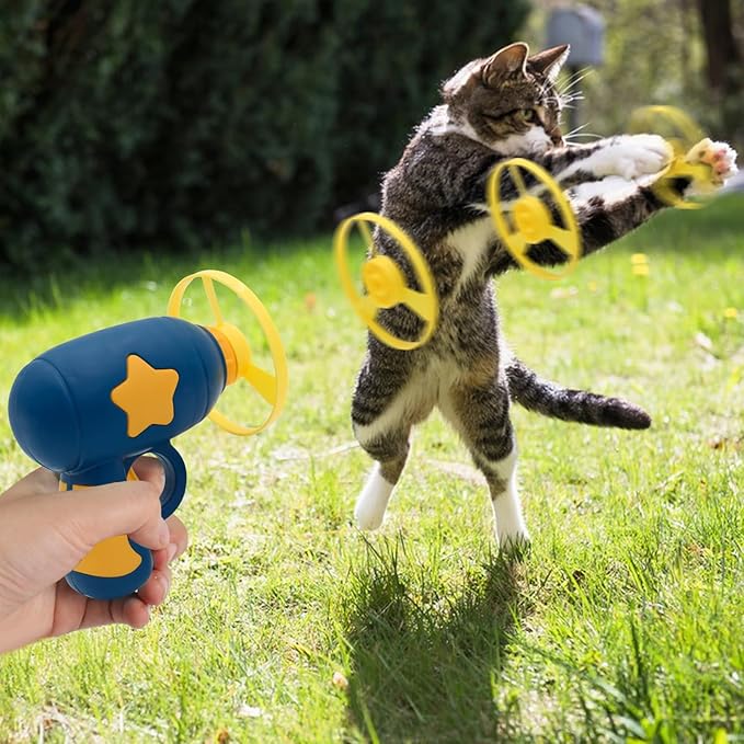 Andiker Cat Fetch Toy, Interactive Cat Flying Disc Launcher Toy with 5 Colorful Flying Propellers for Cat Enrichment, Flying Saucer Toy for Cat for Training and Chasing (Pink)