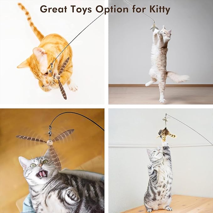 Cat Wand Toy for Indoor Cats, 32'' Flexible Steel Wire 5PCS Feather Cat Toys with Sturdy Wood Handle Replaceable Rotating Feather Cat String Kitten Toy (32'' Steel Wire + 5PCS Feather)