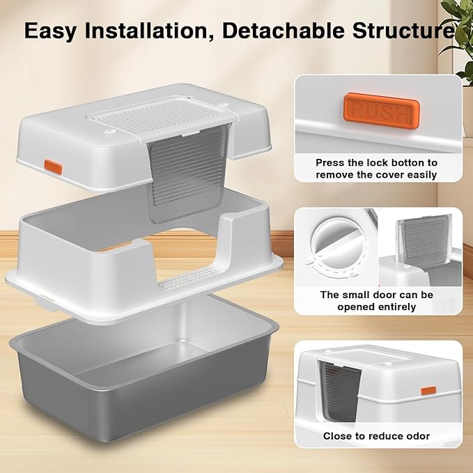 3-in-1 Stainless Steel Cat Litter Box with Removable Lid-Enclosed XL Extra Large High-Sided Metal Box for Small & Big Cats with Scoop-Easy to Clean, Odor Control, Non-Sticky,Anti-Leakage (White)