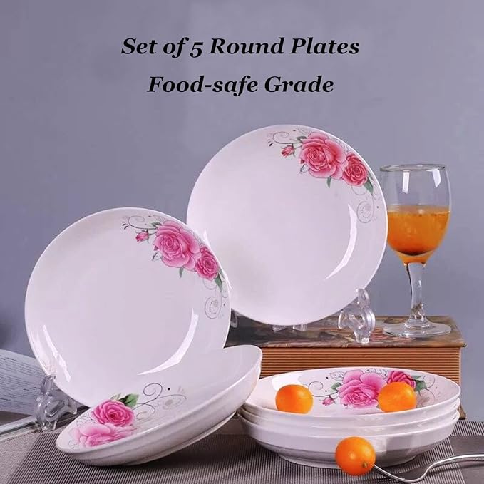 5 Pack Ceramic Plates with Rose Pattern, 7 inch Large Dessert Salad Porcelain Dinner Plates, Ceramic Dessert Dishes for Steak Pasta Pizza Appetizer (Dishwasher & Microwave Safe Plates)