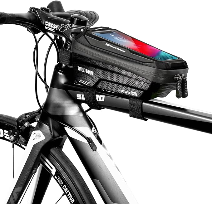 Bike Frame Bag, Waterproof Bicycle Front Top Tube Pouch Pannier Bike Phone Mount Holder Handlebar Bag Cycling Crossbar Storage Bags with Touch Screen for iPhone 12 11 Pro Max Smartphone up to 6.7''